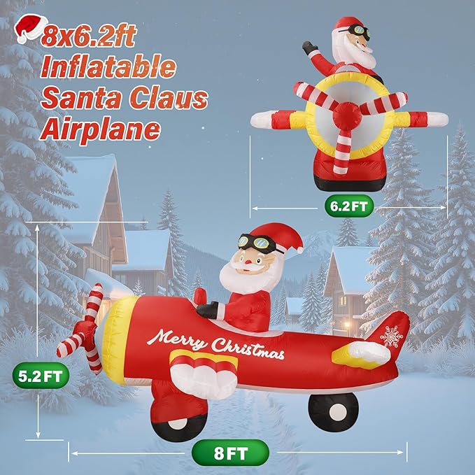 8 FT Christmas Inflatable Decorations,Santa Claus on Flying Animated Airplane with Poweful Blower,Outdoor Xmas Blow Up Decorations,Built-in Bright LED Lights for Indoor Outdoor,Lawn,New Year Gifts