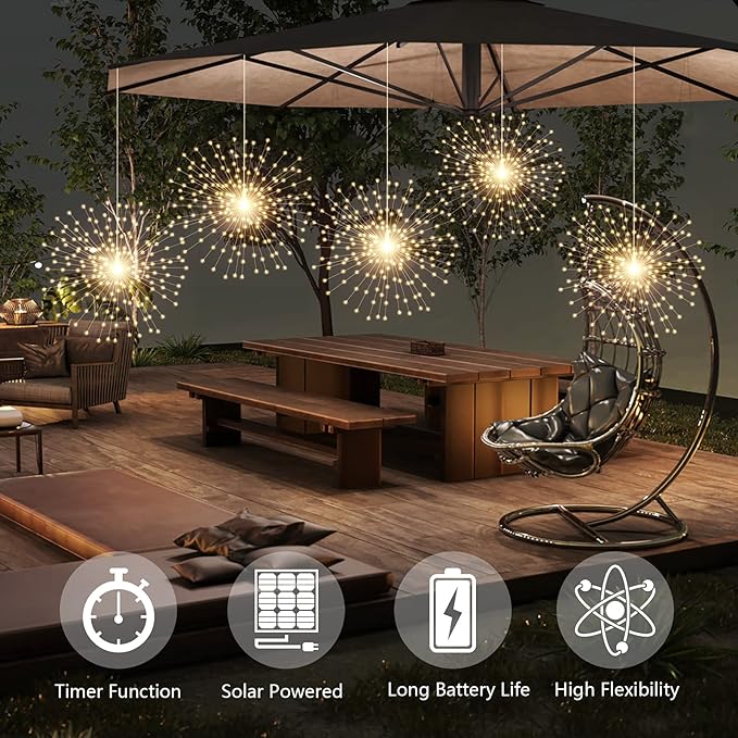 2 Pack Starburst Sphere Lights with Remote Control,200 LED Firework Light, 8 Modes Dimmable Waterproof Copper Wire Hanging Fairy Light for Patio Parties Christmas (Solar Powered)