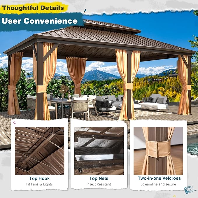 MELLCOM 12'x18' Hardtop Gazebo, Metal Double Roof Aluminum Gazebos with Curtain and Netting,Brown Permanent Galvanized Steel Pavilion for Patio, Lawn & Deck