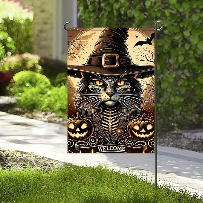 Halloween Garden Flag - Cat Witch Hat, 12x18 Inch Double-Sided Vertical Fall Holiday Outdoor Decorative Flag for Porch, Lawn, Garden