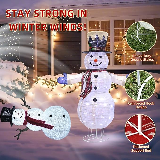 3-Piece 3D Lighted Snowman Family Set Outdoor Christmas Decorations Weather-Resistant Christmas Collapsible Snowmen Yard Decor for Yard Patio with LED Lights & Stakes