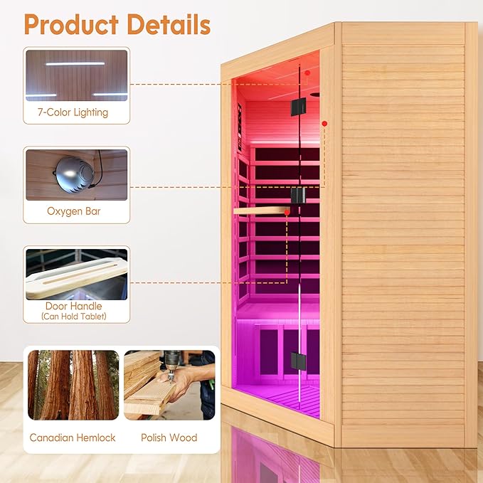 2-3 Person Sauna Corner Sauna Far Infrared Saunas Room Home Canadian Hemlock Indoor 2100W Low-EMF Dry Saunas with 7 Color Therapy 47.2 * 47.2 * 74.8inch