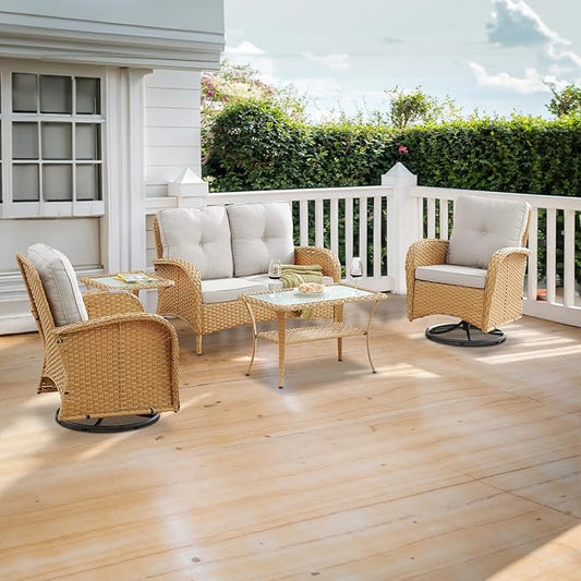 5 Piece Patio Furniture Set - Wicker Patio Conversation Set with Swivel Glider, Loveseat Bench, Tempered Glass Side Table and Coffee Table for Deck Backyard - Yellow Wicker Beige Cushion