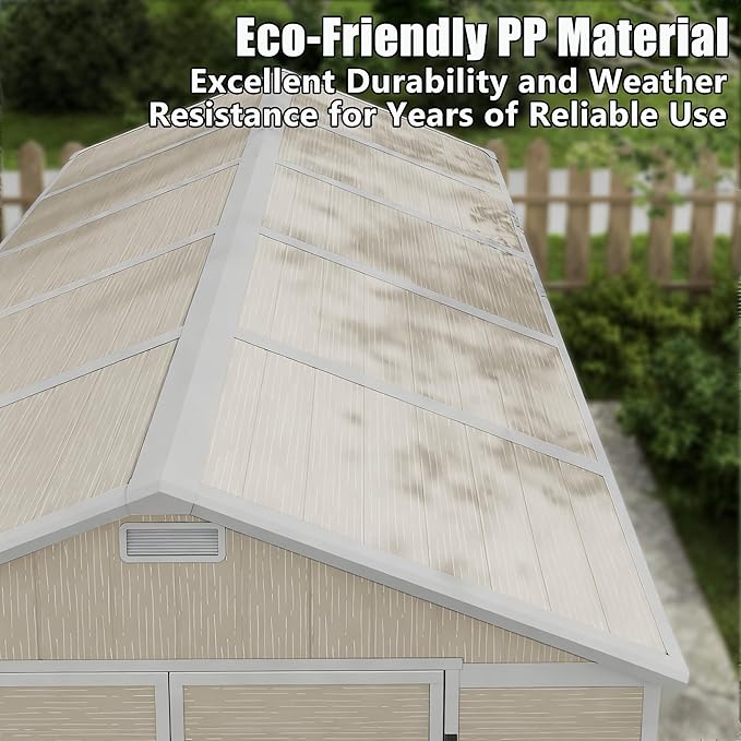 Outdoor Shed 5x3/6x4/7x7/8x6/8x10/8x12 FT, 15MM Thick PP Resin Plastic Shed with Lockable Door & Floor - Waterproof Plastic Tool Shed for Bike, Garbage Can, Backyard, Patio ﻿ ﻿ (Light Brown, 8x12FT)
