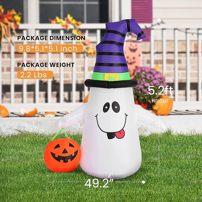 VIVOHOME 5FT Halloween Inflatable Yard Decor, White Ghost with Pumpkin, Outdoor Blow Up with Built-in LED Light for Lawn, Garden, Party
