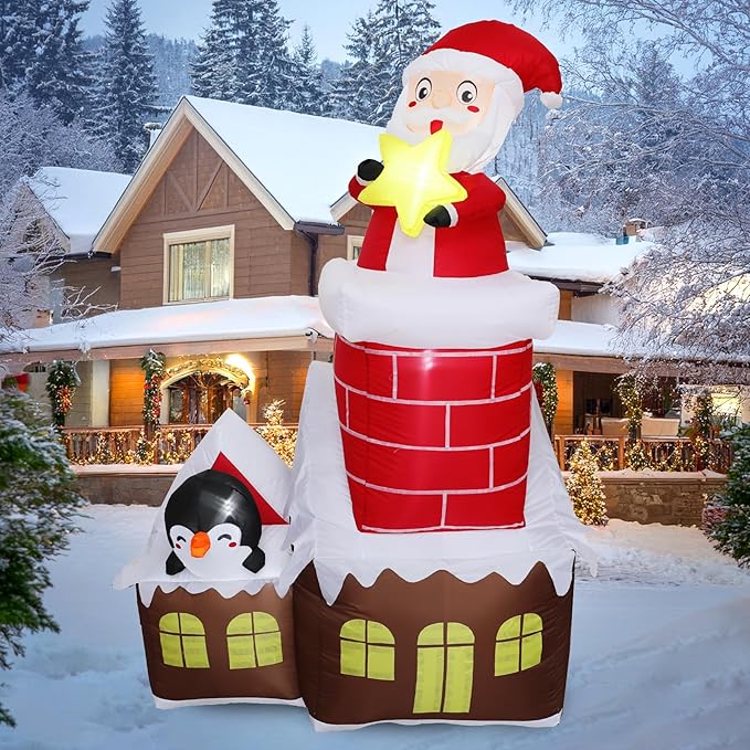 DearSun 7FT H Lovely Christmas Inflatable Santa in The Chimney of Candy House with Penguin&Star Decorations, Blow up Christmas House with Build-in LED Lights Indoor Outdoor Holiday Decoration