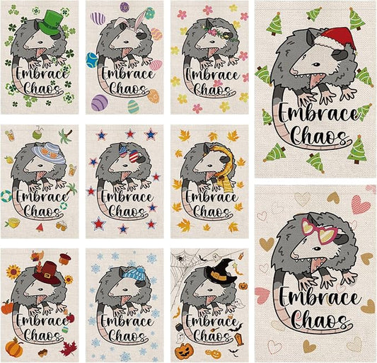 Funny Opossum Garden Flags Seasonal Flags Set of 11 Double Sided Holiday Farmhouse Outdoor Yard Lawn Home Decorations 12.5x18 Inch