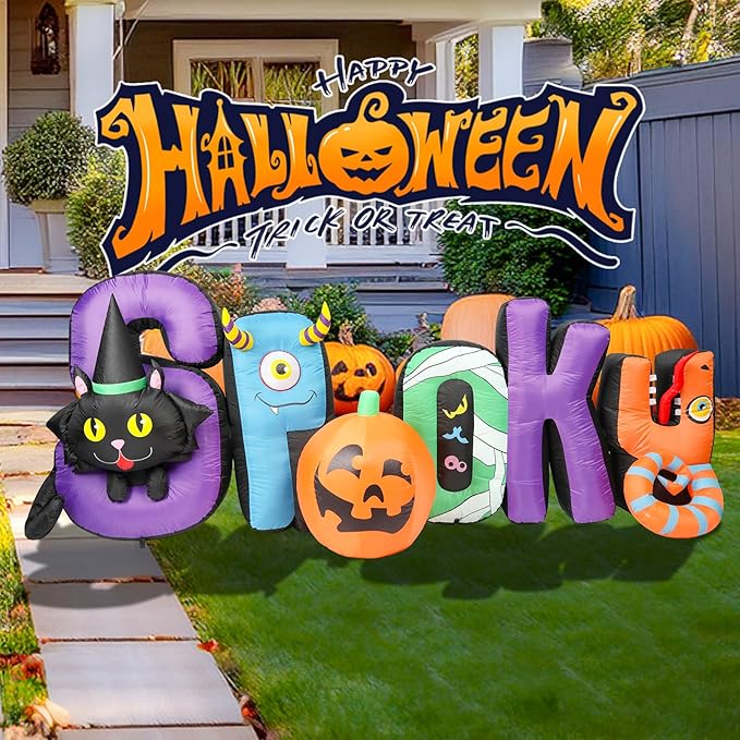 VCUTEKA 8.6FT Halloween Inflatable Spooky Pumpkin Cat Outdoor Decoration, Blow Up Decor with LED Lights for Holiday Party Inflatables Indoor Home Garden Lawn Yard Decorations