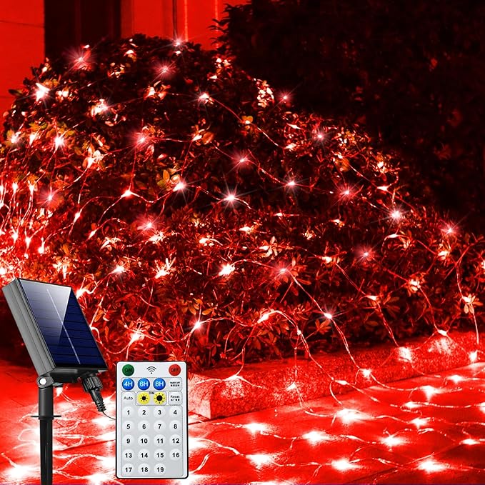 Solar Net Lights Outdoor Mesh Lights Red, 200 LED Net Lights Christmas, Waterproof 19 Modes Timer Tree Wrap Lights for Fence, Garden, Yard, Bushes, Trunk, Halloween Decor-9.8ft x 6.6ft