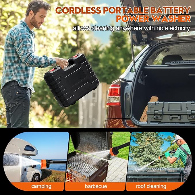 Battery Pressure Washer, Electric Power Washer Cordless, Portable Car Pressure Washer Handheld with 6-in-1 Nozzle,17FT Drain Hose,Power Cleaner for Patio Floor Fence Deck Indoor