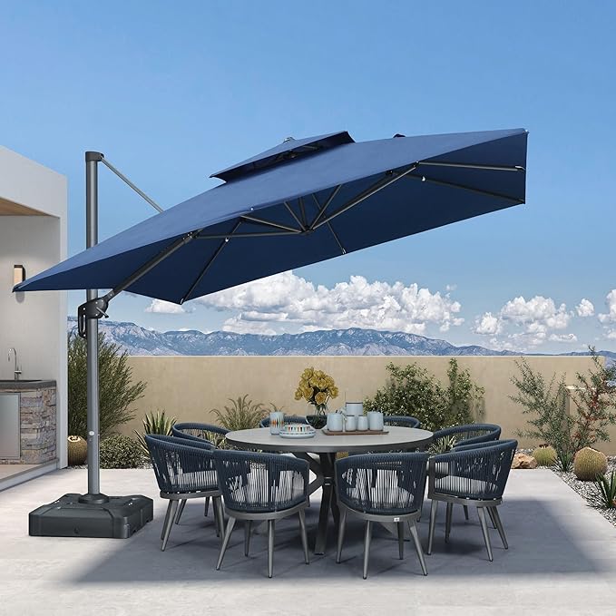 PURPLE LEAF 12FT Sunbrella Patio Umbrella Double Top Large Offset Hanging Outdoor Square 360° Rotation Heavy Duty Cantilever Umbrella for Garden Deck Pool Backyard Spectrum Indigo