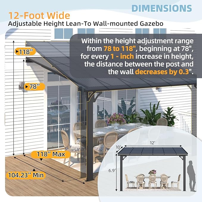AECOJOY 10' x 12' Adjustable Height Outdoor Lean to Gazebo Pergola for Patio, Large Wall-Mounted 8.1-9.8 Ft Hard Top Metal Heavy Duty Metal Awnings Shelter Pergolas and Gazebos Clearance with Roof