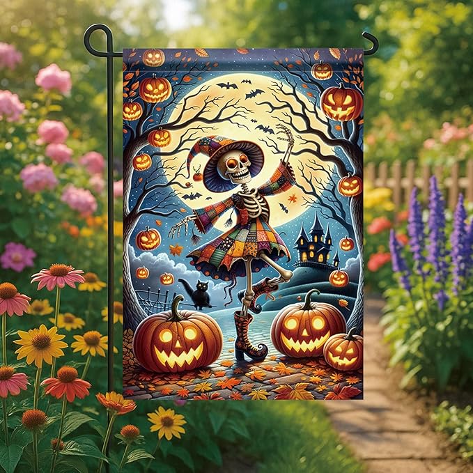 Halloween Garden Flag Skeleton Witch Pumpkin Flag 12x18 Inch Double Sided Fall Halloween Outdoor Decoration Haunted House Party Decor Seasonal Autumn Yard Banner for Home Lawn Patio