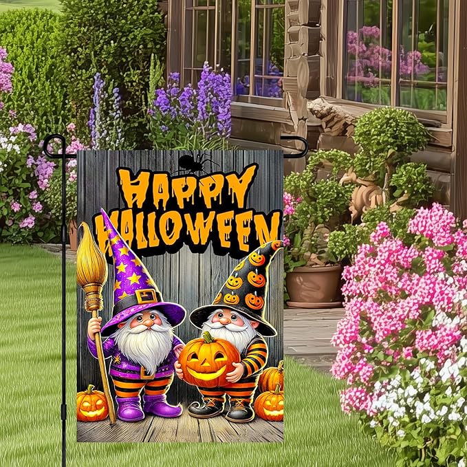 Halloween Horror Garden Flag 12x18 Inch Pumpkin Gnome Happy Halloween Flag Lantern Flames Outdoor Yard Decor House Banner Porch Lawn Patio Home Decoration