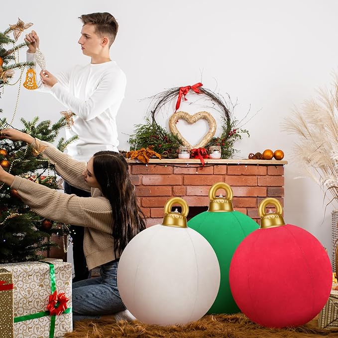 Jetec 3 Pcs 32 Inch Giant Velvet Christmas Inflatable Balls Ornament Flocked Xmas PVC Inflatable Flocked Ball Ornaments for Christmas Holiday Outdoor Blow up Yard Decor(Red, Green, White)
