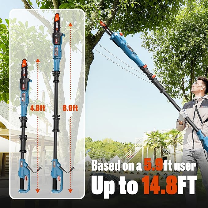 SENIX 8A Corded Electric Pole Saw | 8-Inch Cutting Bar & 14.8ft Max Reach Telescoping Pole, Lightweight Branch Cutter for Effortless Tree Trimming and Pruning