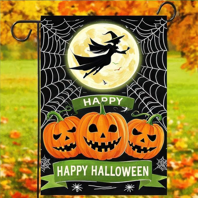 Happy Halloween Garden Flag 12x18 Inch Double Sided Witch Flying Over Moon Pumpkin Flags Spider Web Small Yard Flag for Halloween Outdoor Lawn Decoration
