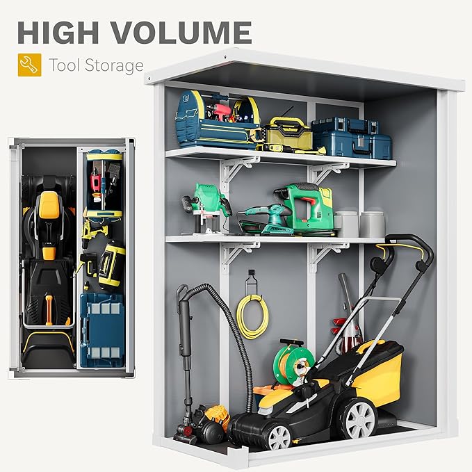 DWVO 49 Cuft Outdoor Tall Storage Shed with 2 Shelves, Weatherproof Vertical Tool Shed with Floor & Lockable Doors, Sturdy Double-Wall Plastic Cabinet for Garbage Cans and Garden Equipment (Gray)