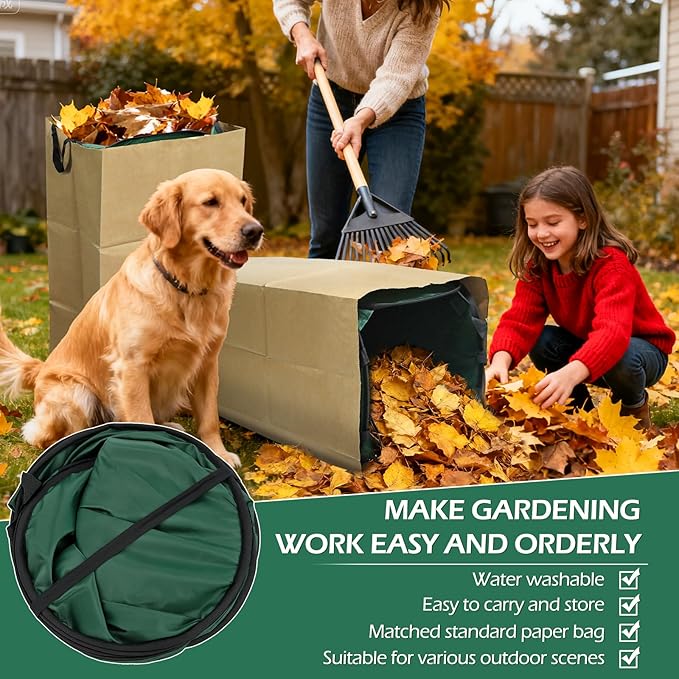 2Pack Reusable Pop-Up Yard Waste Bag Holder, Designed for 30 Gallon Paper Lawn Bags, Multi-Use Dustpan Function and Compact Foldable Design for Effortless Leaf Collection