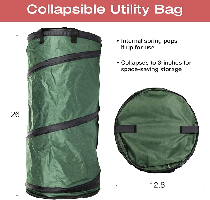 EXCELLO GLOBAL PRODUCTS Pop-Up Trash Can Portable Waste Container Outdoor Garbage Garden Yard Leaf Bin Collapsible Utility Bag (12.8" x 26")