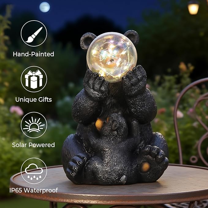Solar Garden Statues Loving Bear Figurine with Ballon Lights for Outside, Yard Decorations Outdoor, Garden Decor Unique Birthday Housewarming Gifts for Mom, Women