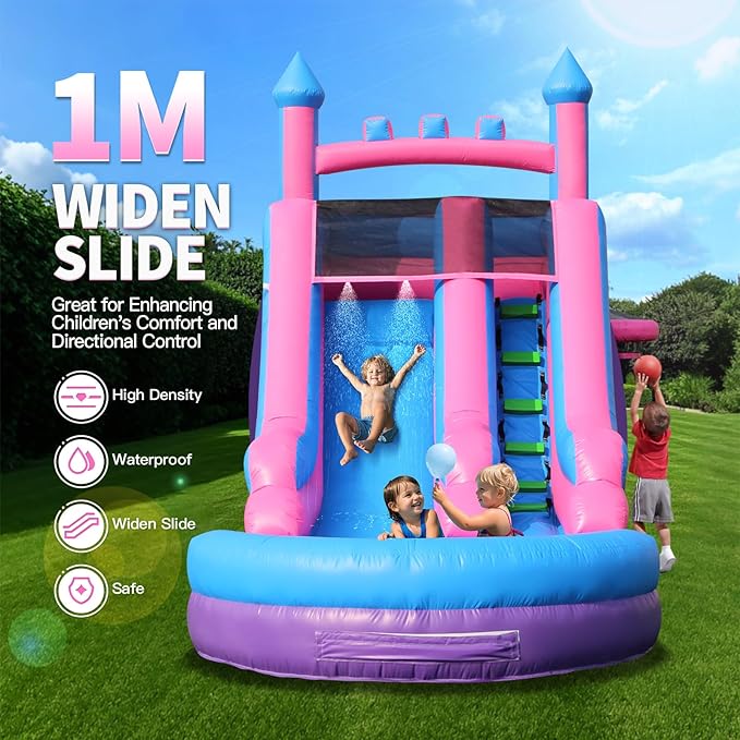 Inflatable Water Slide for Adults, 26FT 100% PVC Waterslide with Big Splash Pool, Widen Slide with Shallow Pool, 1100W Air Blower, Ideal for Backyard, Park (Purple Castle Design) 1