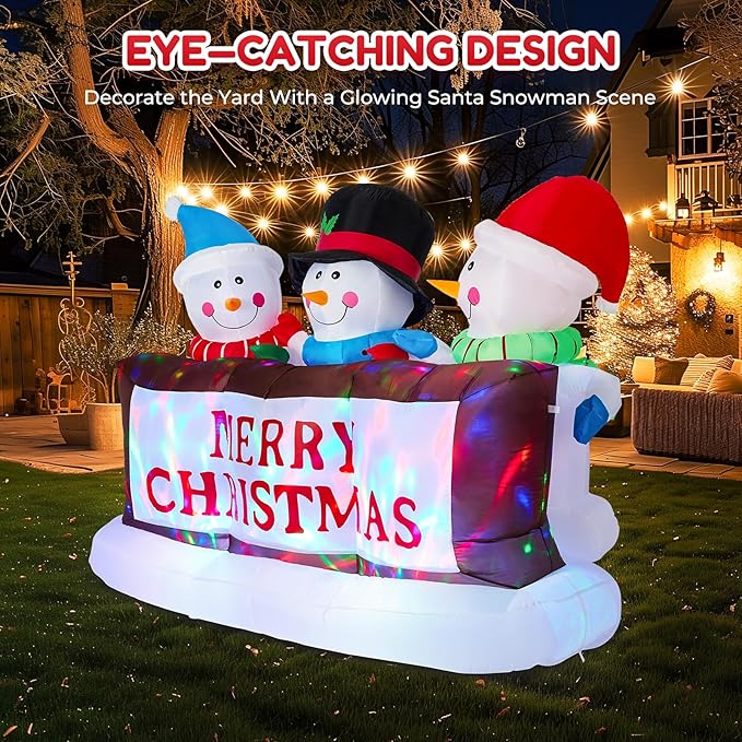 7FT Christmas Inflatable Snowman Yard Decoration With LED Lights - Merry Christmas Sign Trio, Outdoor Xmas Blow Up Decor for Holiday