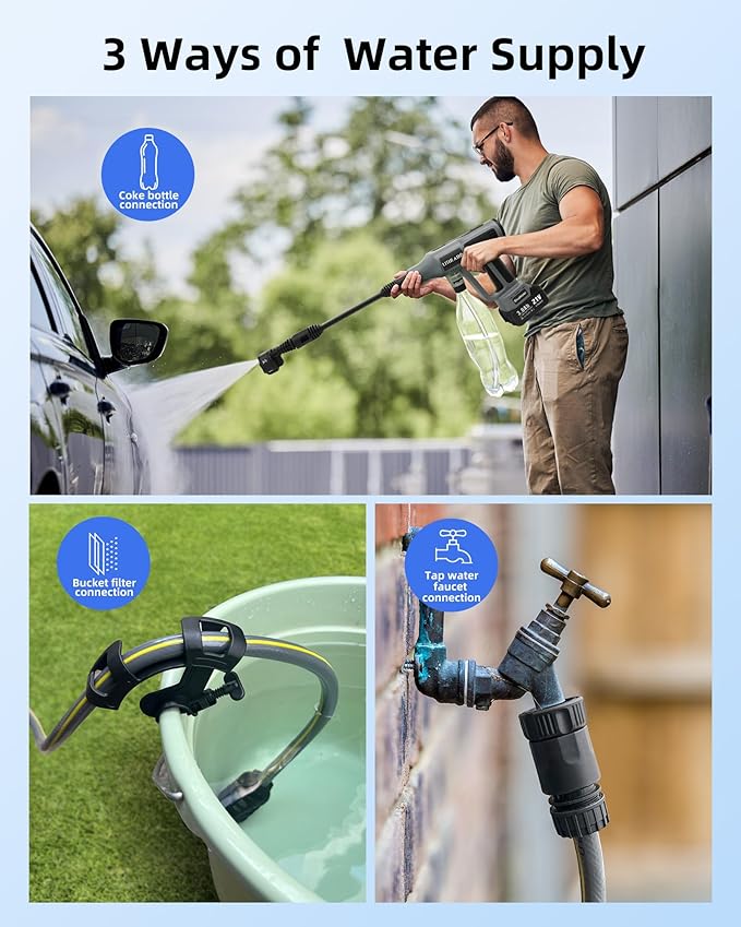 Cordless Pressure Washer 1080PSI Portable High-Pressure for Car Wash Outdoor Cleaning, 6-in-1 Adjustable Nozzle,Battery & Adaptor Included (2X 3Ah)