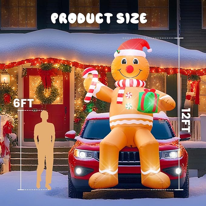 12FT Christmas inflatables, Christmas Inflatable Outdoor Decoration Sitting Gingerbread with Built-in Led Lights, Christma Blow Ups Outdoor Roof Yard Lawn Xmas Decor