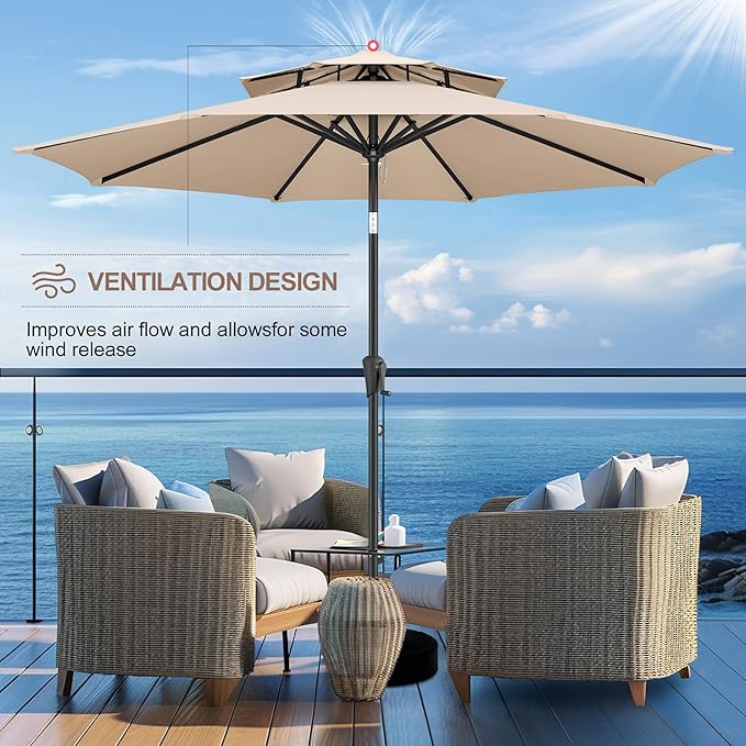 FLAME&SHADE 9ft Patio Umbrella - 2 Tiers Outdoor Umbrella with Push Button Tilt and Crank for UV Protection, Table Market Umbrella for Garden, Deck, Backyard, Pool and Beach(Beige)