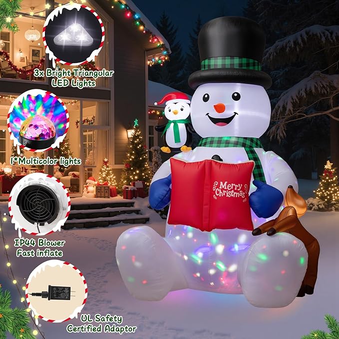 Dawdix 7 FT Christmas Inflatable Snowman Outdoor Decorations, Blow up Snowman Yard Decor Built-in LEDs, Penguin & Reindeer Christmas Decoration, Xmas Holiday Decoration for Indoor Outdoor Garden Lawn