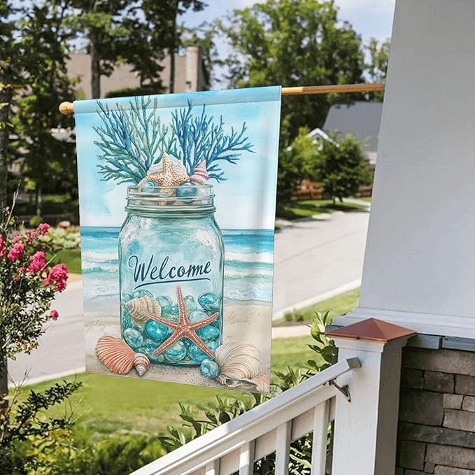 Seashells Ocean Garden Flag Vertical Double Sided Outdoor Yard Flags 12.5x18 Inch Burlap Banners Vertical Double Sided for Outdoor Decor Lawn