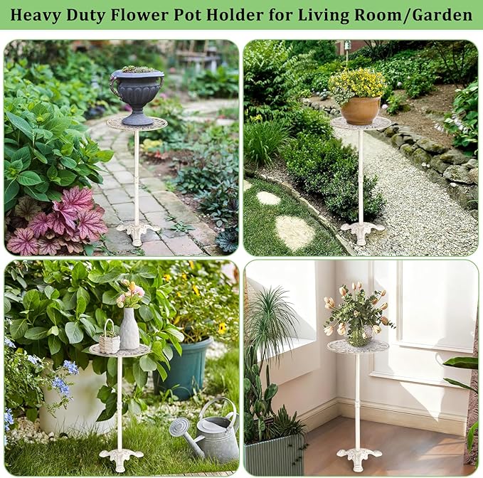 OwnMy Cast Iron Tall Plant Stand Heavy Duty Flower Pot Holder, Decorative Pedestal Potted Plant Rack, Indoor Outdoor Wrought Iron Large Single Plant Stand for Patio Garden Home, Antique White