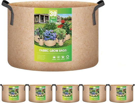 iPower 5-Pack 30 Gallon Plant Grow Bags Thickened Nonwoven Aeration Fabric Pots Heavy Duty Durable Container, Strap Handles for Garden, Tan