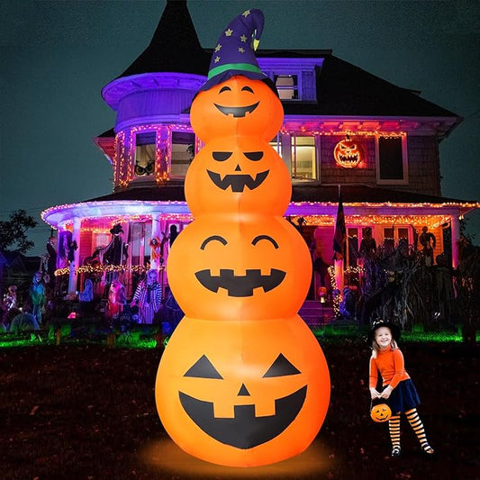 DearSun 12FT H Giant Halloween Inflatable Stacked Pumpkins with Witch's Hat, Blow up 4 Pumpkins Inflatable with Build-in LED Lights Outdoor Decorations Large Party Yard Decoration