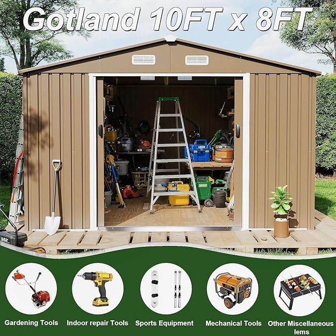 Gotland 10FT x 8FT Sheds & Outdoor Storage, Storage Shed with 1 Large Window Sloped Step, Metal Shed with 2 Lockable Slide Doors Air Vents, Outdoor Shed for Backyard Patio Lawn Brown