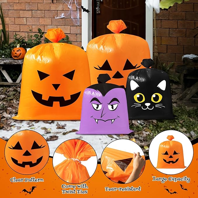 CNhoqc Halloween Lawn Leaf Bags - 16Pcs Halloween Theme Pumpkin Black Cat Ghost Mummy Patterns Waste Bags with Twist Ties, Large Grass Plastic Trash Container for Garden Outdoor Halloween Decorations