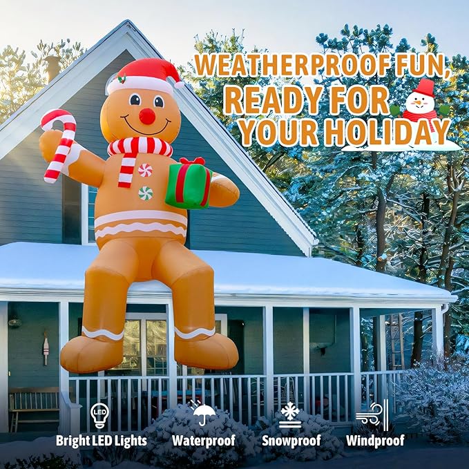 12FT Christmas inflatables, Christmas Inflatable Outdoor Decoration Sitting Gingerbread with Built-in Led Lights, Christma Blow Ups Outdoor Roof Yard Lawn Xmas Decor