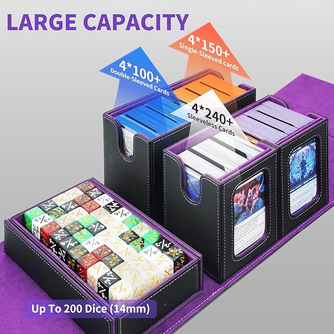 AFIING Commander Deck Box for MTG, Holds 400+ Double-Sleeved Cards, 4 Removable Deck Cases with Display Window, Dice Tray/Handle,Trading Card Storage Organizer/Dividers for TCG (Black Purple)