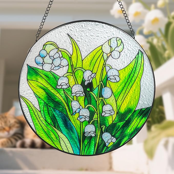 Suncatcher Stained Glass Window Hanging - Flowers Glass Panel with Metal Chain and Hooks Handmade Sun Catcher Decoration for Window Garden Home Christmas & Birthday Gifts (8 Inch)