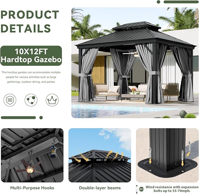 Aoxun 10' X 12' Hardtop Gazebo with Drainage System, Aluminum Outdoor Gazebo with Galvanized Steel Double Roof, Patio Permanent Metal Pavilion and LED Waterproof Hanging Lights, Easy Assemble