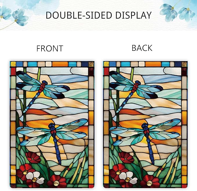 Spring Summer Dragonfly Garden Flag Glass Style Flowers Garden Flag Vertical Double Sided Rustic Farmland Burlap Yard Lawn Outdoor Decor 28x40"