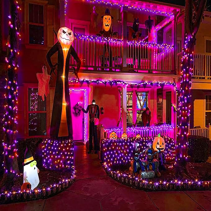 200 LED Halloween Lights Outdoor, 66ft Halloween String Lights Indoor Clear Wire 8 Modes Waterproof Plug in Twinkle Fairy Light for Tree Party Garden Decorations, Purple&Orange