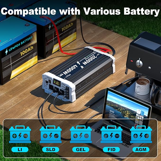 2000 watt Pure sine Wave Inverter, 24V DC to 110V AC Power Inverter, Used for Solar Emergency Power Supply in RV Homes, with 3 AC Output sockets, USB Port, Type-C Port, Remote Control with LCD Screen