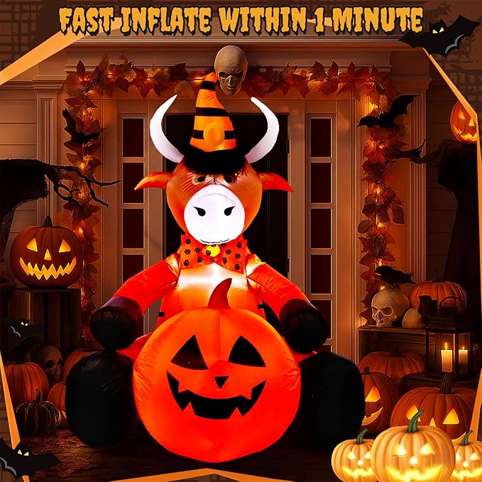 Soulchen 5FT Halloween Inflatable Highland Cow Outdoor Decorations with Witch Hat Holding Pumpkin Built-in LED Lighted Halloween Blow up for Yard Garden Lawn Holiday Party Decor