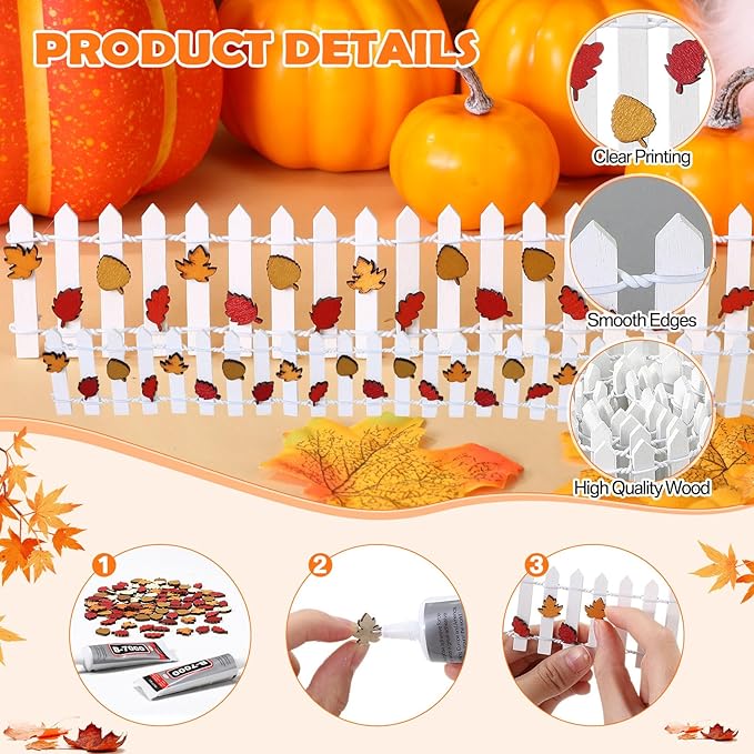 Thyle Thanksgiving DIY Mini Fairy Garden Fence Fall Wood Picket Crafts with 35 Inches Wood Picket Fence 100 Wooden Leaves and Glue for Autumn Centerpieces Thanksgiving Activity(White)