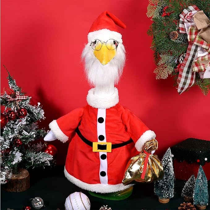 Christmas Santa Porch Goose Outfits Christmas Lawn Goose Clothes Fits 23" Cement Plastic Goose Statue for Xmas Outdoor Garden Yard Patio Statue Art Decoration