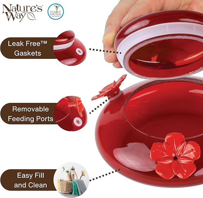 Nature's Way Bird Products MHF4 Hand Blown Garden Top Fill Hummingbird Feeder, 16 oz Capacity, Red
