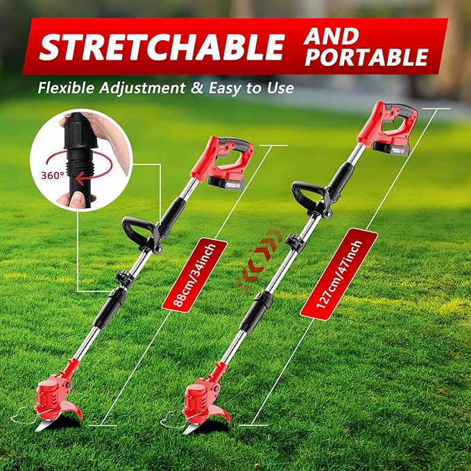 6-inch Cordless String Trimmer with 3 Types of Blades, Electric Grass Trimmer,21V 2×2000mAh Weed Eater Battery Powered,Electric Weed Wacker Cordless with Wheels,Lawn Edger, Mower for Yard,Garden