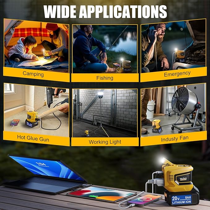Real 200W Power Inverter Compatible With Dewalt 20V, VoLtTech Battery Inverter DC 20V to AC 110V-120V, Phone Charger Power Adapter with a 5AH Battery & Charging Station, with 2 USB-A & 1 Type-C & 1 AC